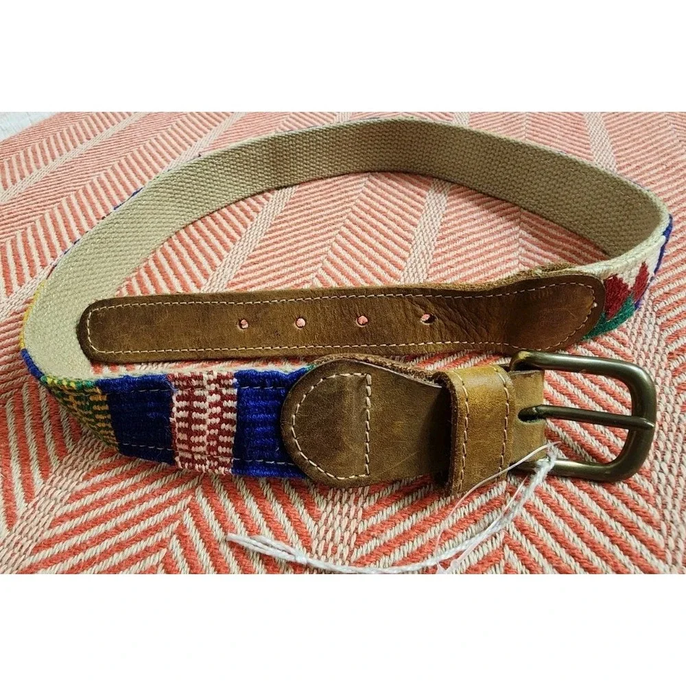 A Tail We Could Wag Leather Cotton Multicolor Striped Belt Sz 34 Tribal Unisex